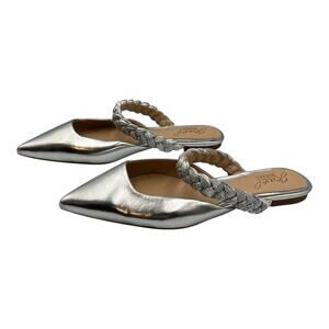 Jewel Badgley Mischka Braided Strap Pointed Toe Flat Mules Silver Size 6